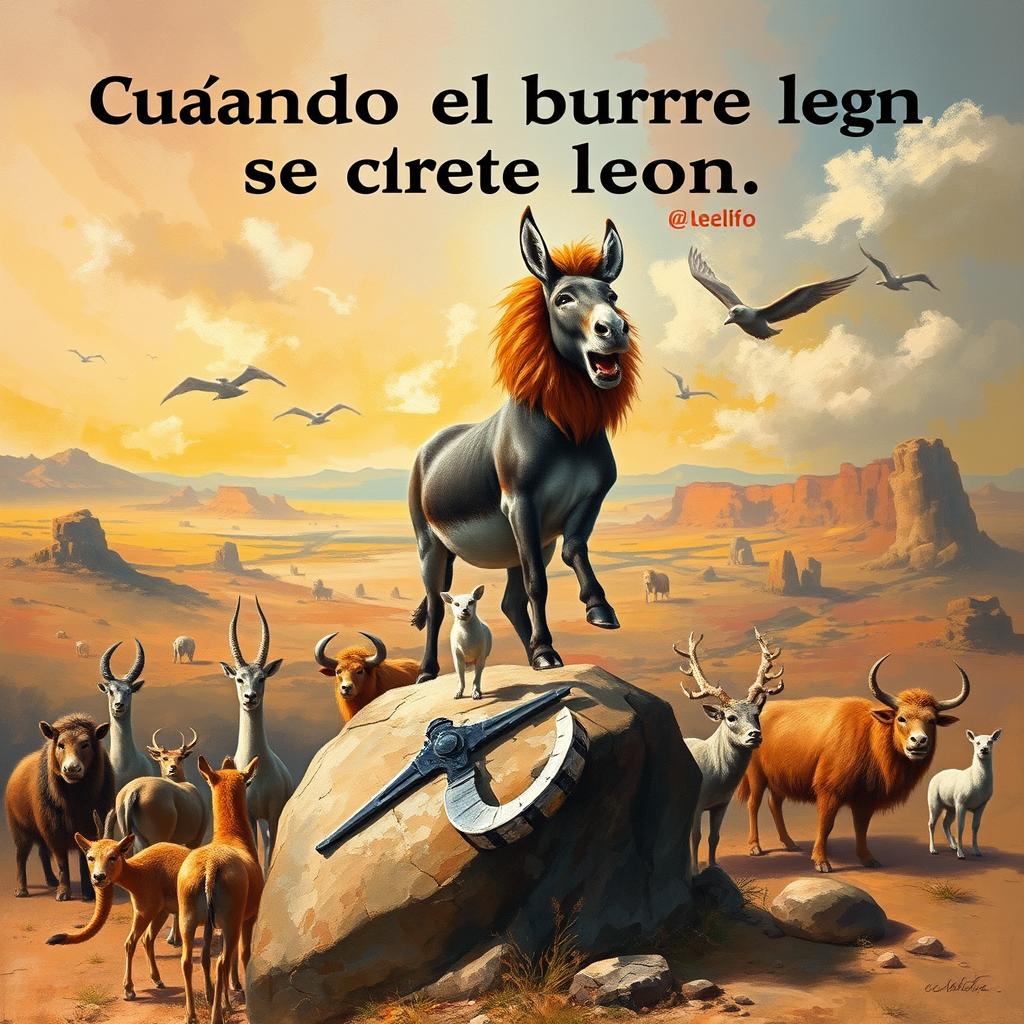A symbolic representation of the concept 'Cuando el burro se cree león' illustrating the theme of arrogant ignorance
