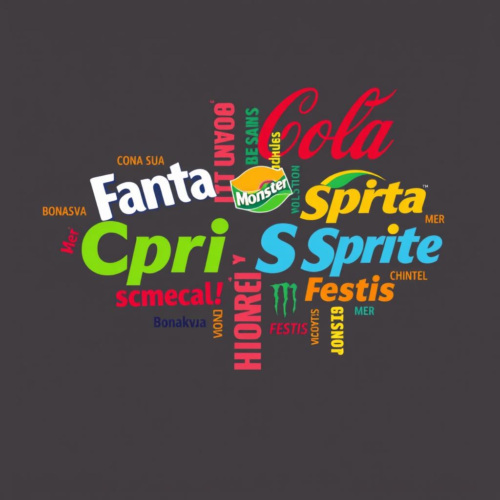 A colorful word cloud example for a presentation featuring popular beverage brands including 'Coca-Cola', 'Fanta', 'Sprite', 'Capri Sun', 'Bonakva', 'Mer', 'Festis', and 'Monster'