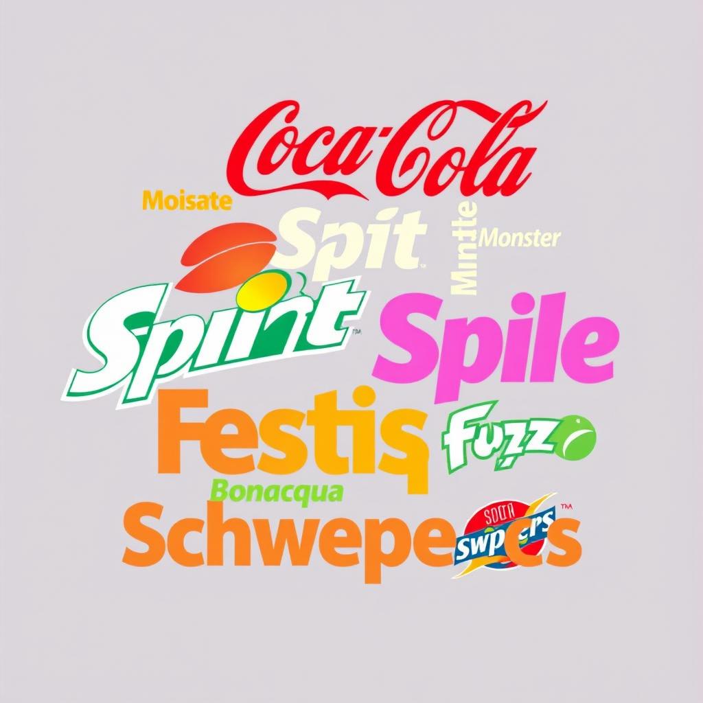 A colorful word cloud example featuring popular beverage brands including 'Coca Cola', 'Fanta', 'Sprite', 'Monster', 'Capri Sun', 'Festis', 'Bonaqua', 'Fuze Tea', and 'Schweppes'