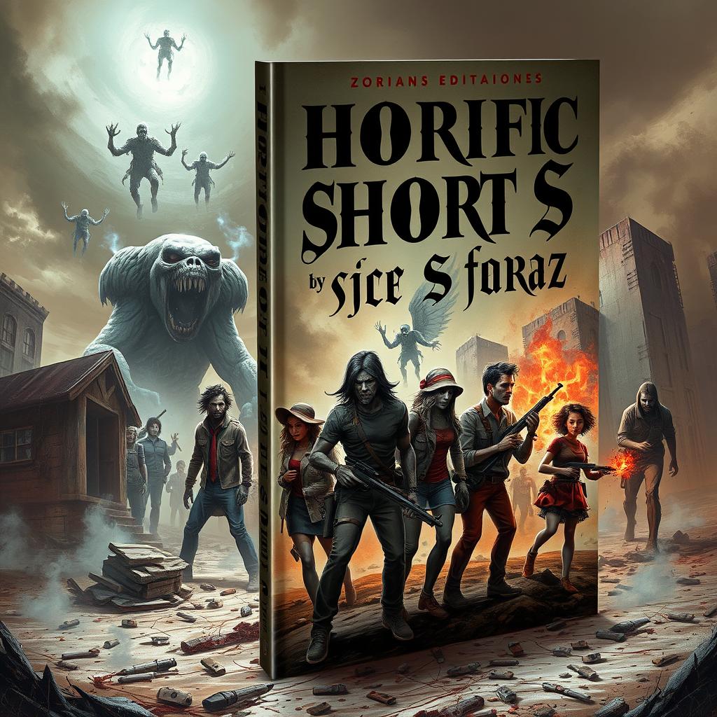 A chilling book cover for 'Horrific Shorts: Zombie Edition 10' by Sir Faraz, featuring a hauntingly detailed zombie apocalypse scene