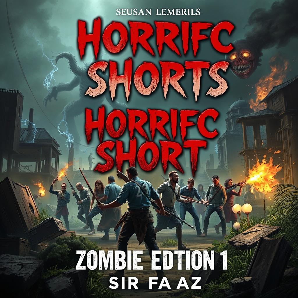 A captivating book cover for 'Horrific Shorts: Zombie Edition 10' by Sir Faraz, illustrating a terrifying zombie apocalypse