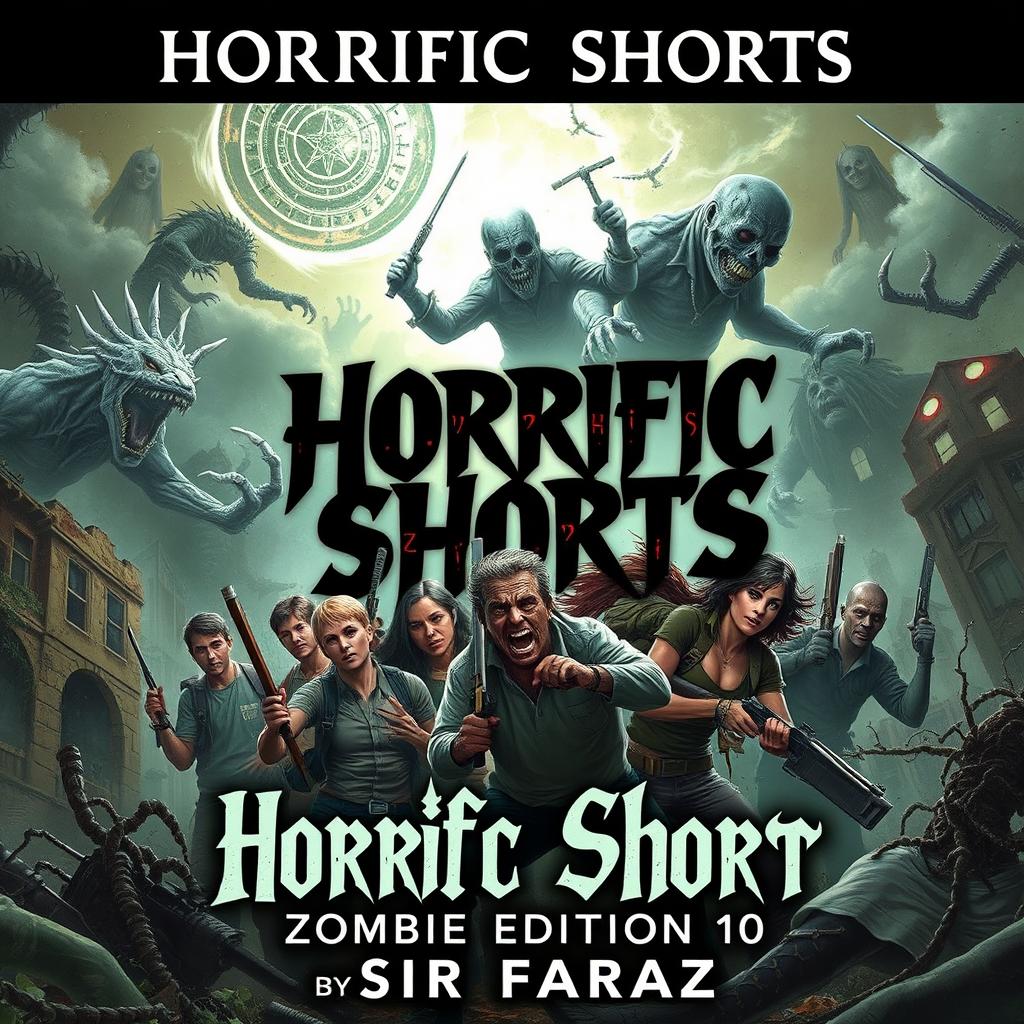 An eerie and captivating book cover for 'Horrific Shorts: Zombie Edition 10' by Sir Faraz, illustrating a terrifying scene of a zombie-infested apocalypse