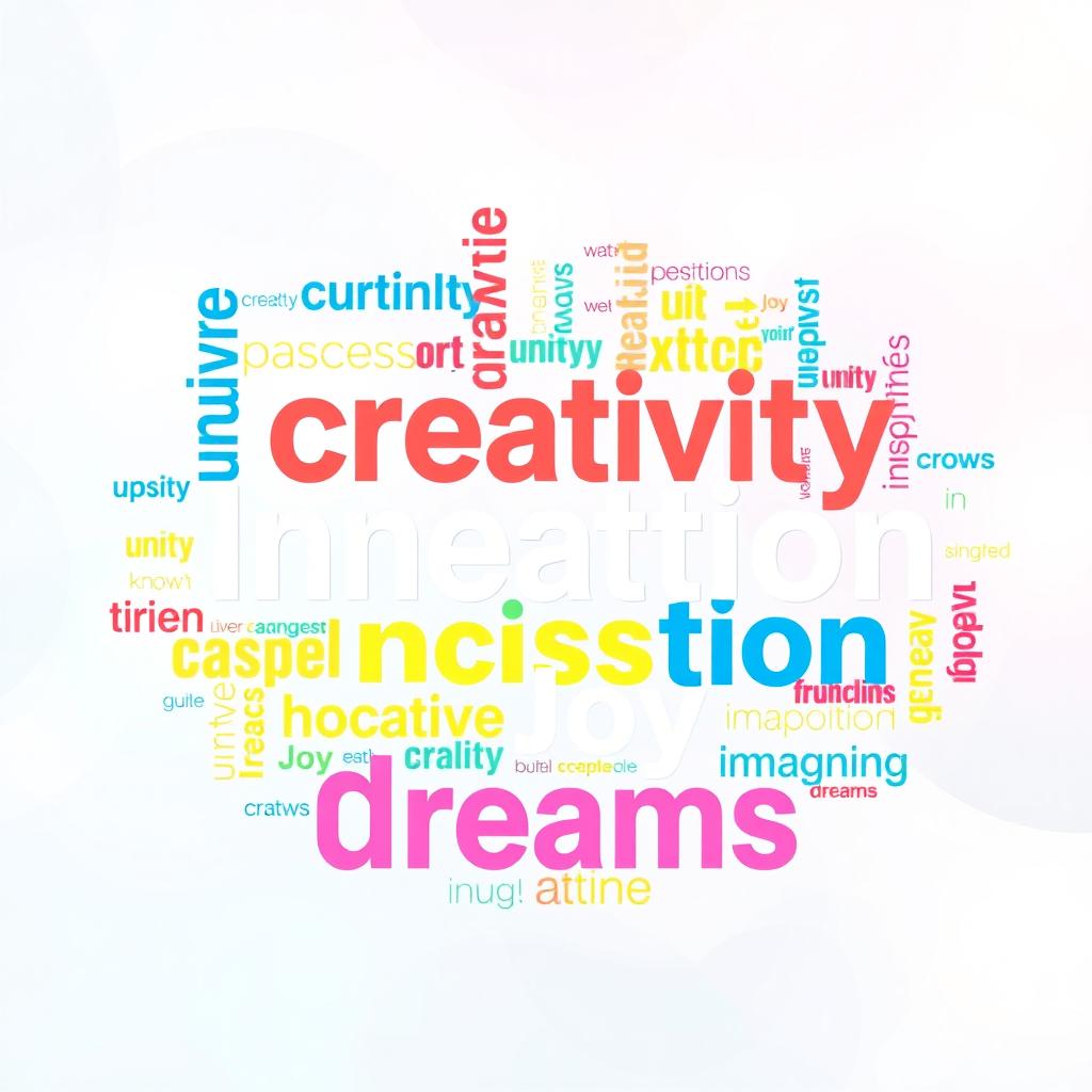 A colorful and dynamic word cloud composed of various positive and inspiring words such as 'Creativity', 'Innovation', 'Passion', 'Unity', 'Joy', 'Success', 'Growth', 'Imagination', and 'Dreams'