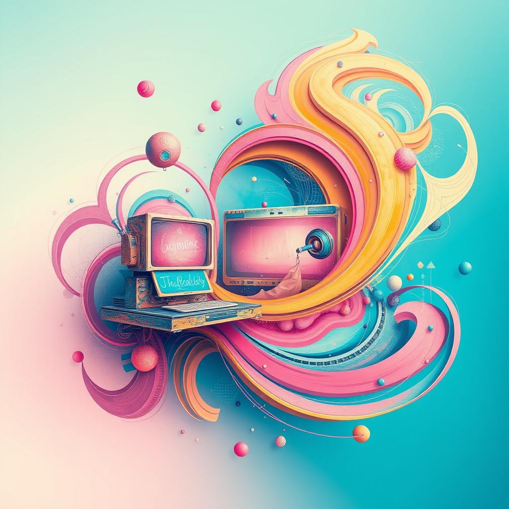 A modern digital art representation inspired by nostalgia, featuring an abstract interpretation with vibrant colors and swirling shapes that capture the essence of a vintage scene
