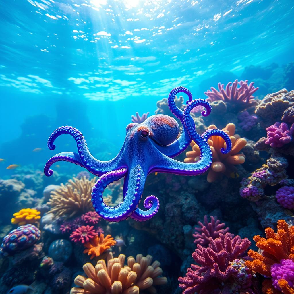 Vibrant Underwater Scene: Colorful Octopus in Coral Reefs