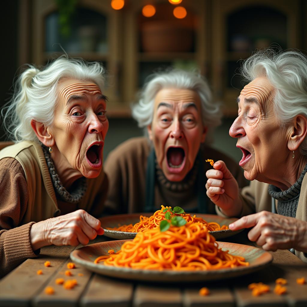 A surreal scene depicting a group of elderly women with expressive, exaggerated features, representing the passage of time, indulging in a peculiar dish of clay spaghetti served on rustic wooden plates