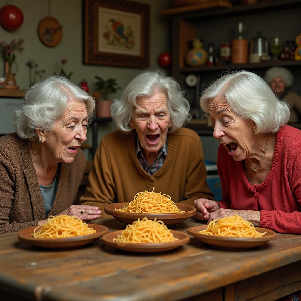 A surreal and humorous scene featuring a group of elderly women, their expressions comically exaggerated, sitting at a rustic wooden table