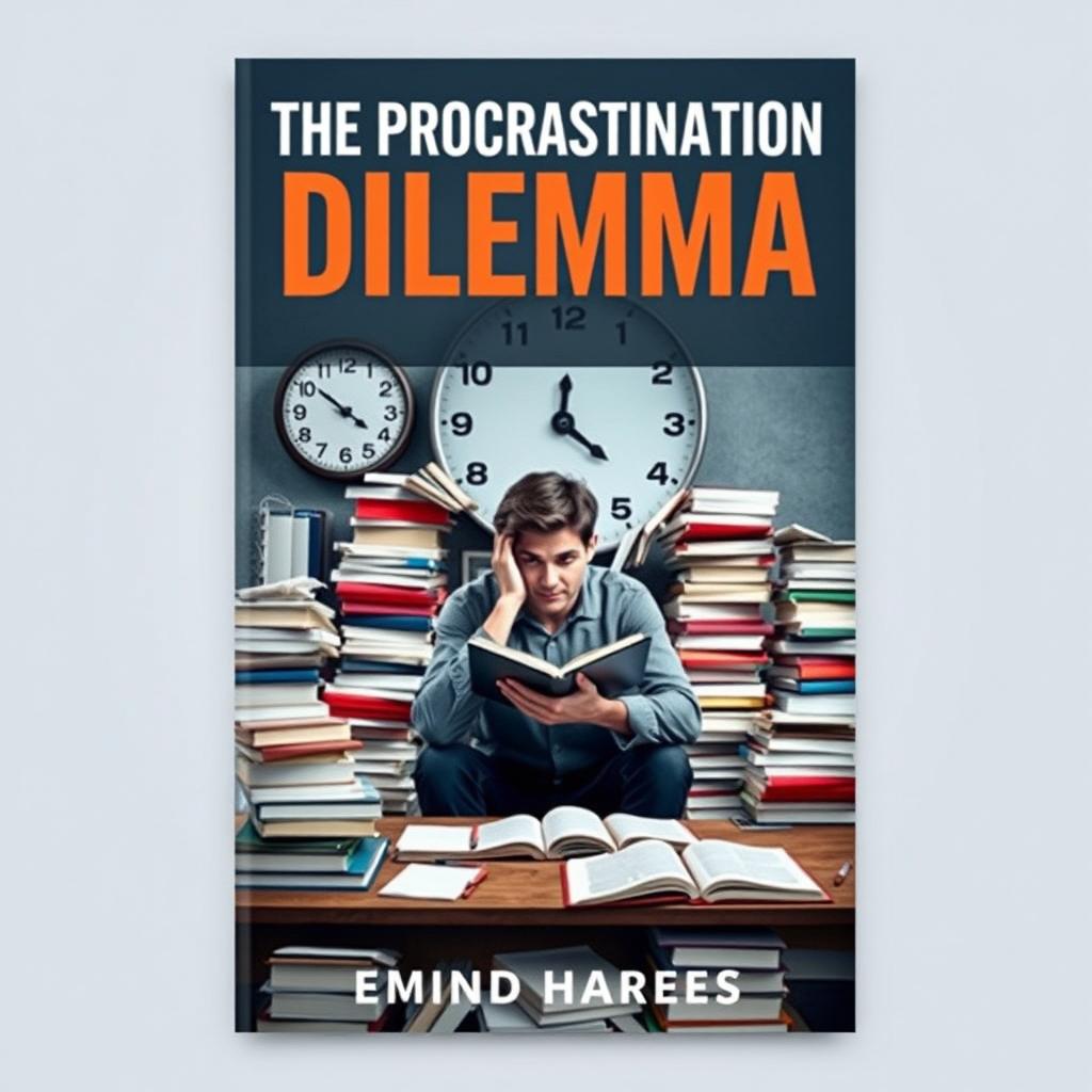 A realistic eBook cover design about procrastination, featuring an individual sitting at a cluttered desk surrounded by piles of books and open notebooks, looking overwhelmed yet contemplative