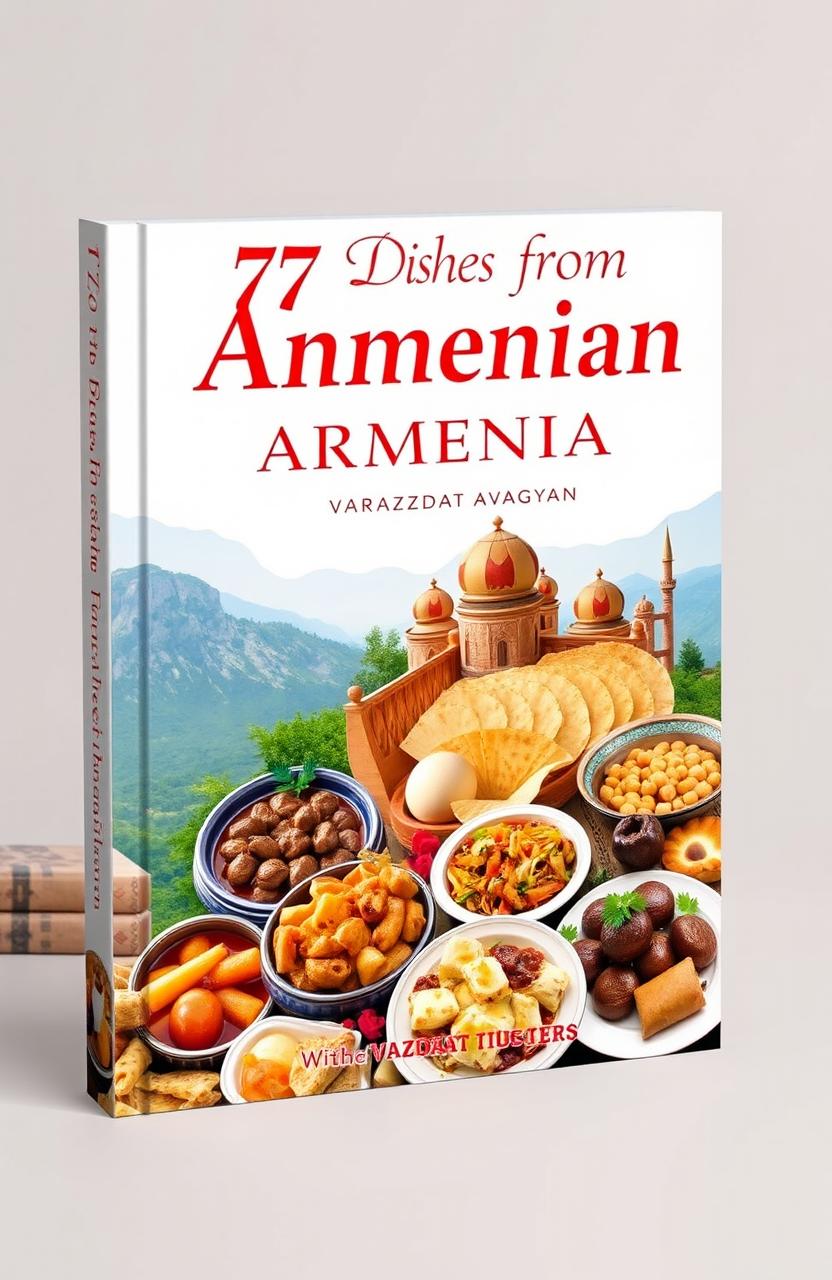 A beautifully designed cover for the cookbook titled '77 Dishes from Armenia' by author Varazdat Avagyan