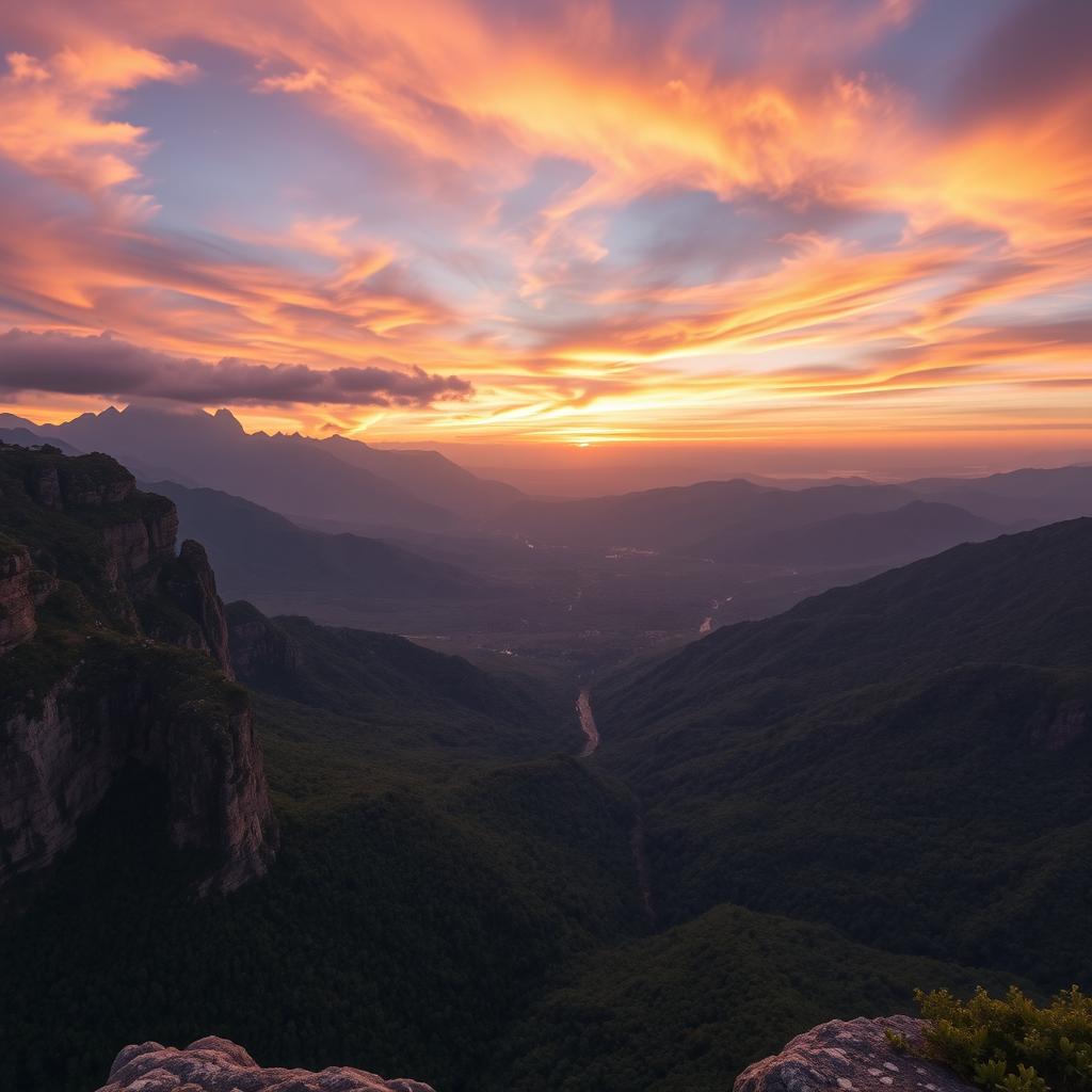 A breathtaking view from a high vantage point, showcasing a dramatic landscape with soaring mountains in the distance, lush valleys filled with vibrant greenery, and a sky painted in hues of orange and purple as the sun sets