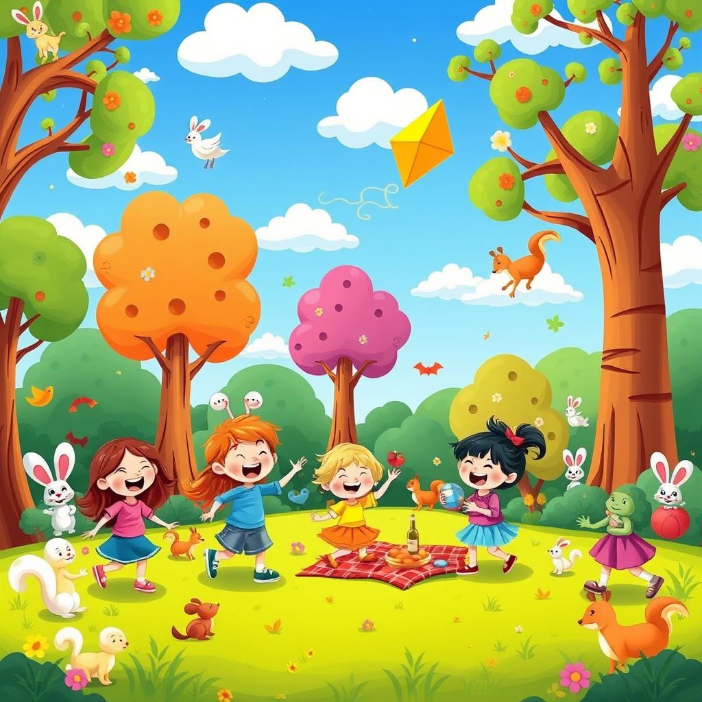 A vibrant and whimsical scene featuring a cheerful cartoon-style forest with colorful trees, playful animals like bunnies and squirrels, and a bright blue sky with fluffy clouds
