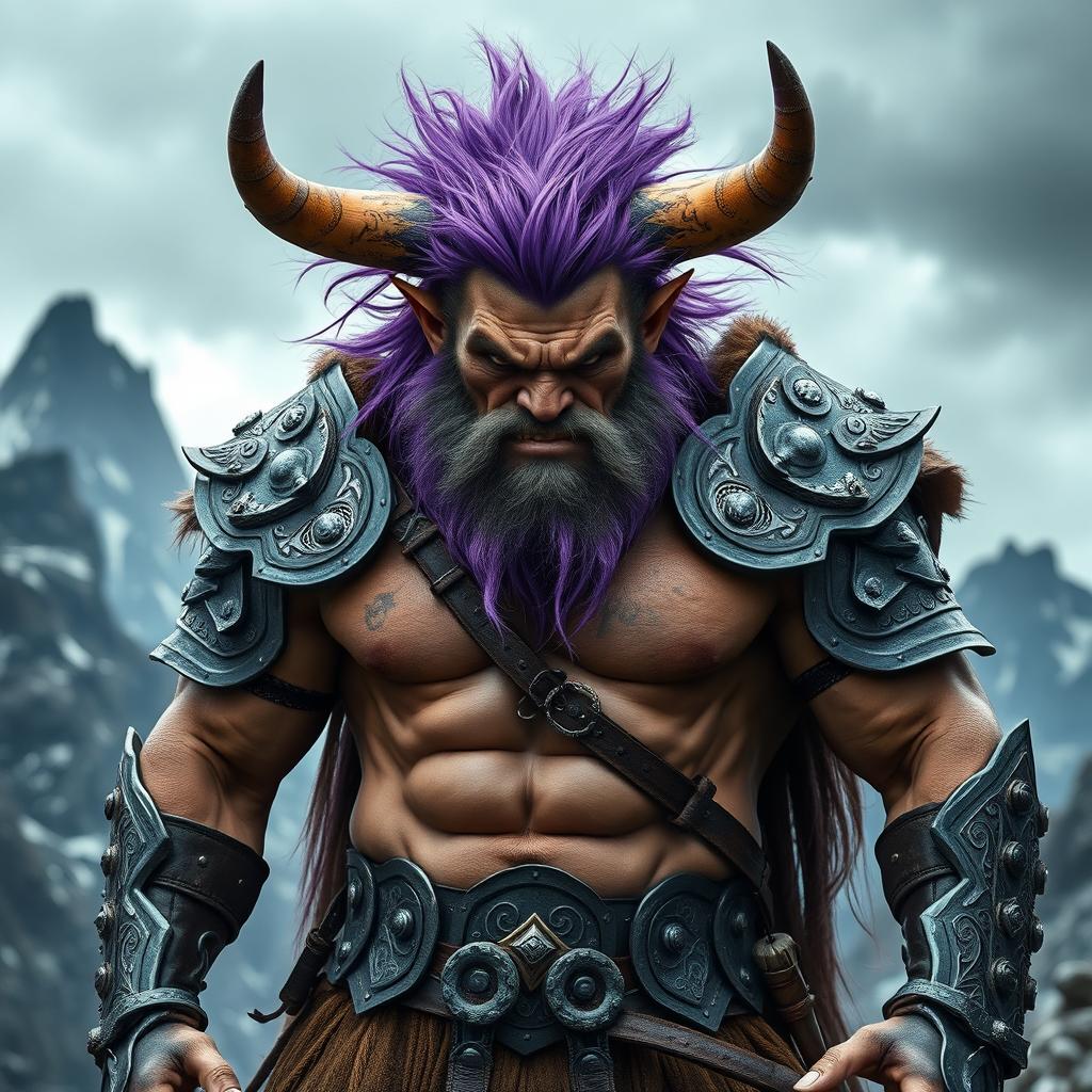 A full-body shot of a fierce armored Nordic viking warrior beast man, dressed in skimpy yet striking armor that emphasizes his powerful and muscular physique