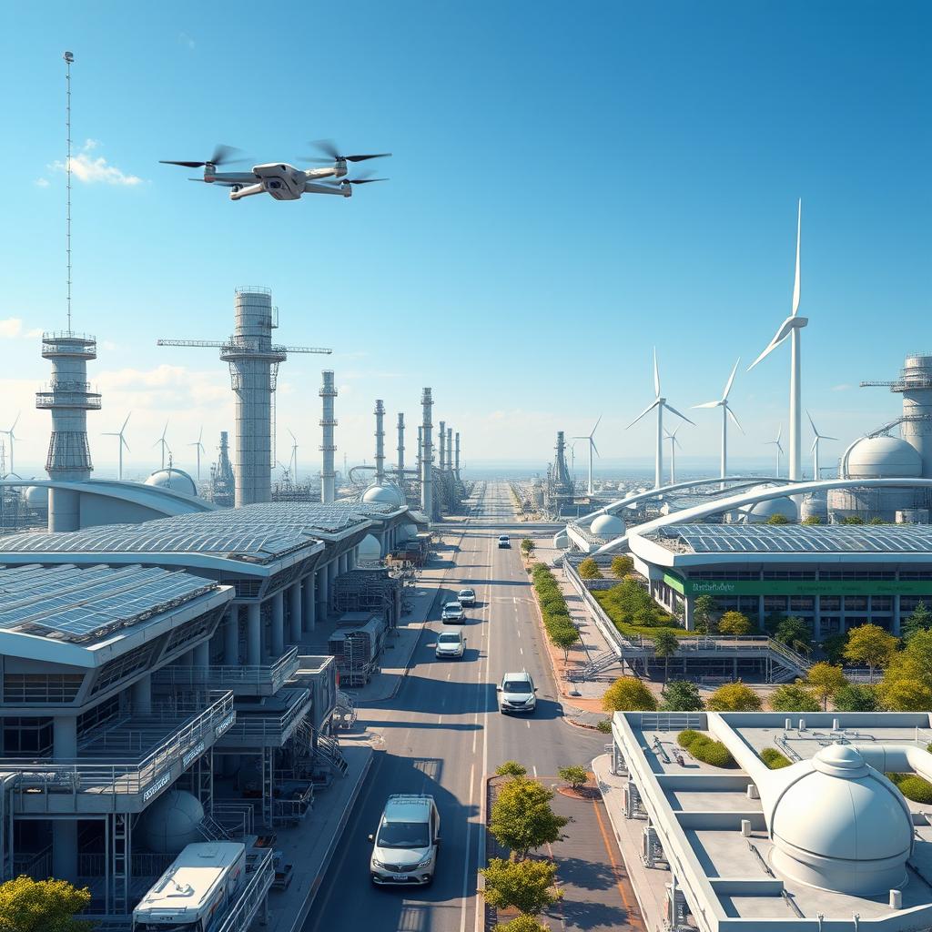 A futuristic view of the Abadan Refinery in the year 2040, showcasing advanced industrial architecture with sleek, modern designs