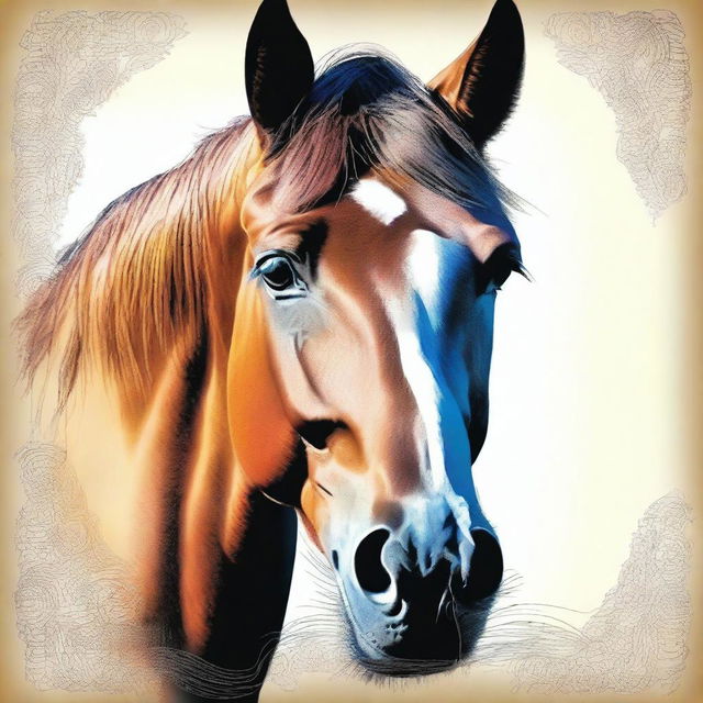 A high-quality, coloured illustration showcasing the detailed face of a horse