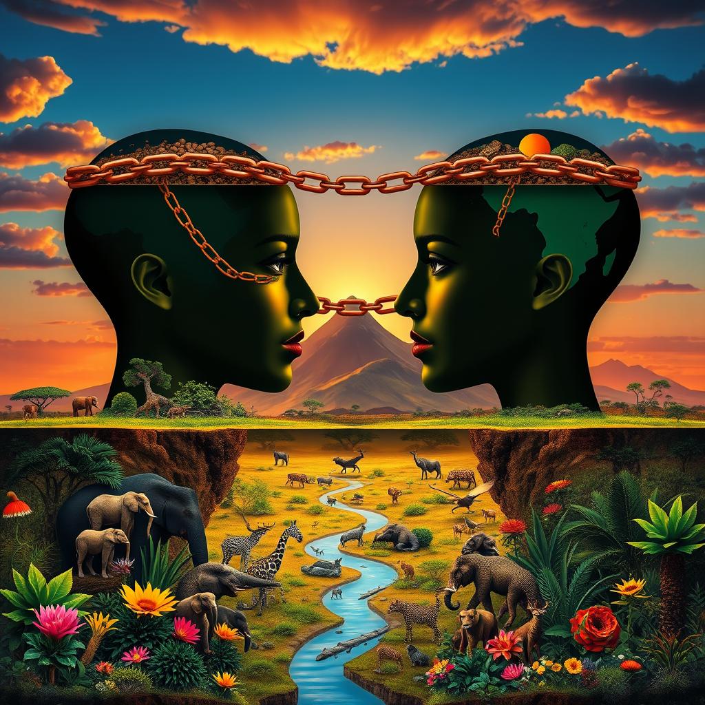 An artistic depiction of an African landscape, showcasing two distinct sections divided by a surreal chain that connects to the heads of two figures