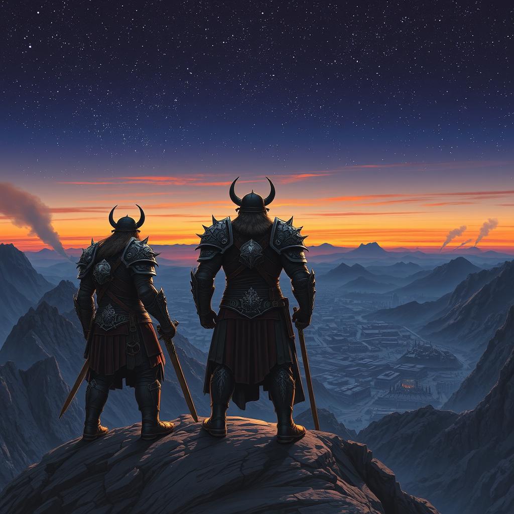 Three fierce warriors clad in intricately designed armor, each unique in appearance, standing resolutely on the edge of a rugged mountain