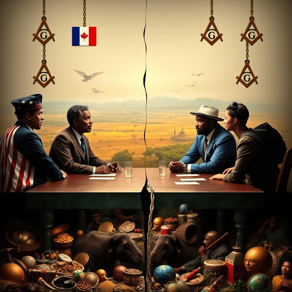 A surreal depiction showcasing a table with 5 or 6 diverse representatives from the USA, Canada, France, and the UK, engaging in a discussion