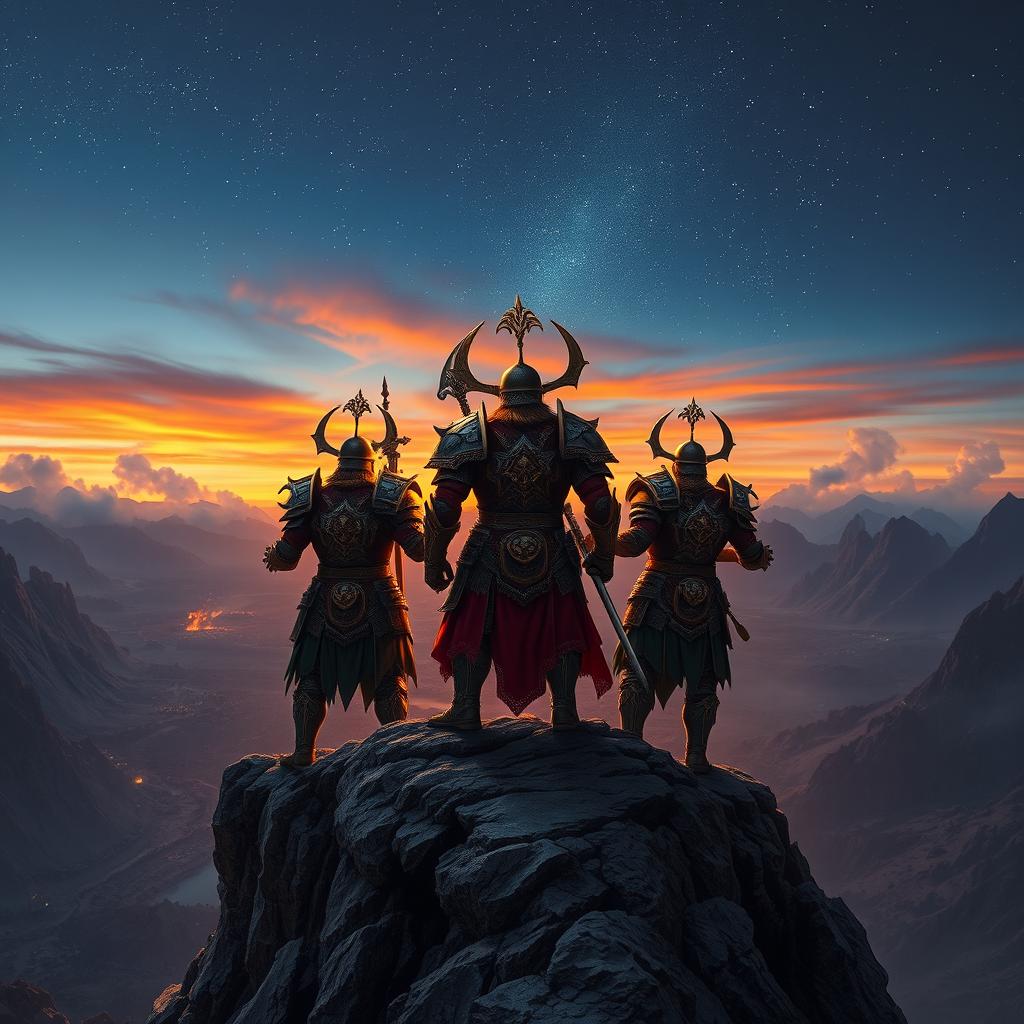 Three bold warriors dressed in ornate battle armor, showcasing unique designs and weapons, stand heroically on the edge of a jagged mountain