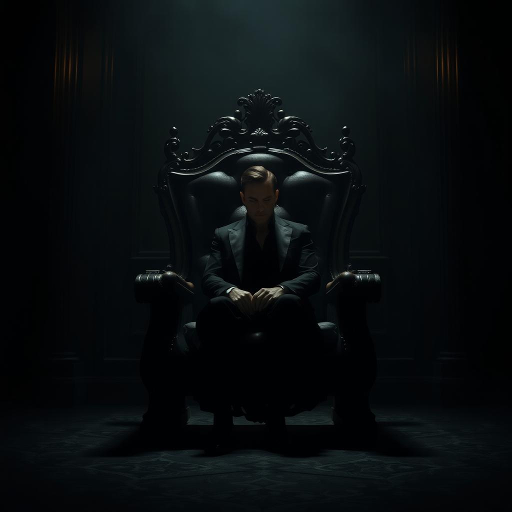A solitary figure sitting on a large chair in a dark, mysterious setting