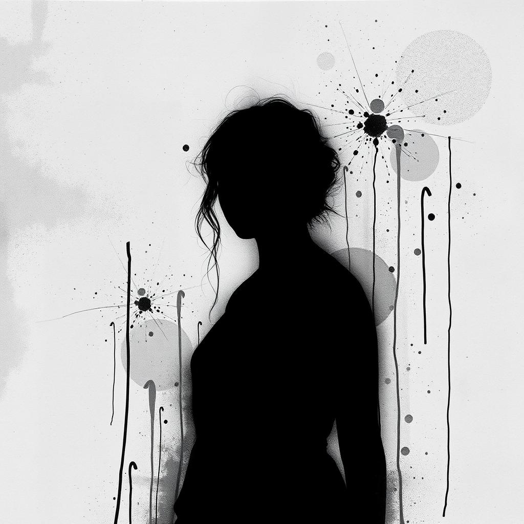 A black and white image featuring a woman at the center, her face obscured, painted completely in black like a drawing