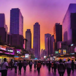 The busy city center pulsates with life during the invigorating sunset. Skyscrapers pierce the vibrant orange and purple sky as people fill the streets, their silhouettes enlivened by the city lights.