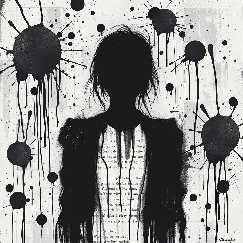 A striking black and white illustration featuring a woman at the center, her face obscured, painted entirely in black like a stylized drawing