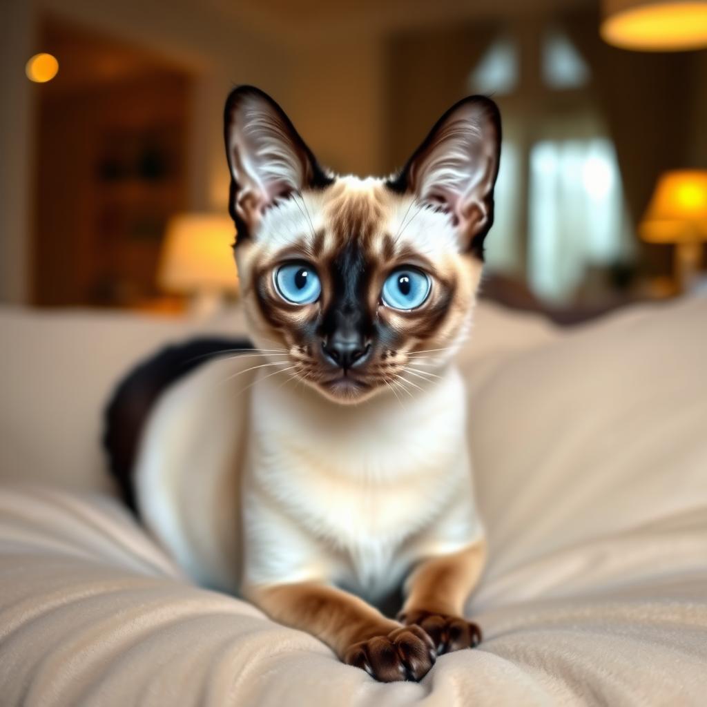 A beautiful image of a Siamese cat, featuring its striking blue eyes, distinctive color-point fur with cream body and dark brown ears, face, paws, and tail