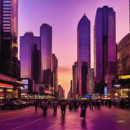 The busy city center pulsates with life during the invigorating sunset. Skyscrapers pierce the vibrant orange and purple sky as people fill the streets, their silhouettes enlivened by the city lights.