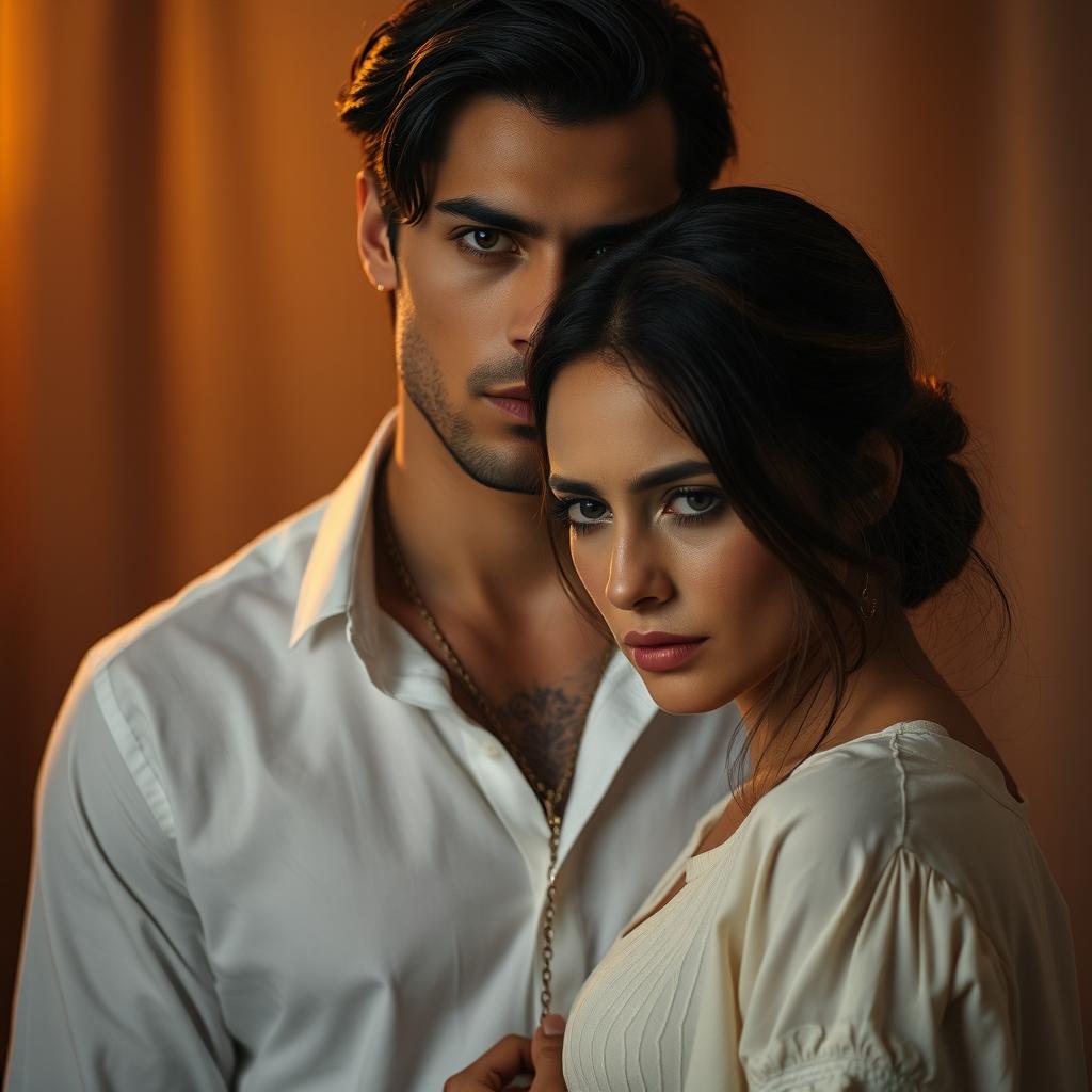 A striking vertical image featuring a handsome man with a deep, mesmerizing gaze, wearing a crisp white shirt