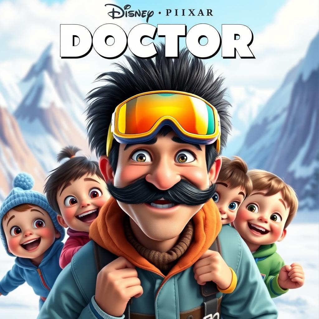 A vibrant and colorful Disney Pixar movie poster featuring a man with a striking black mullet and a thick mustache, wearing trendy ski goggles