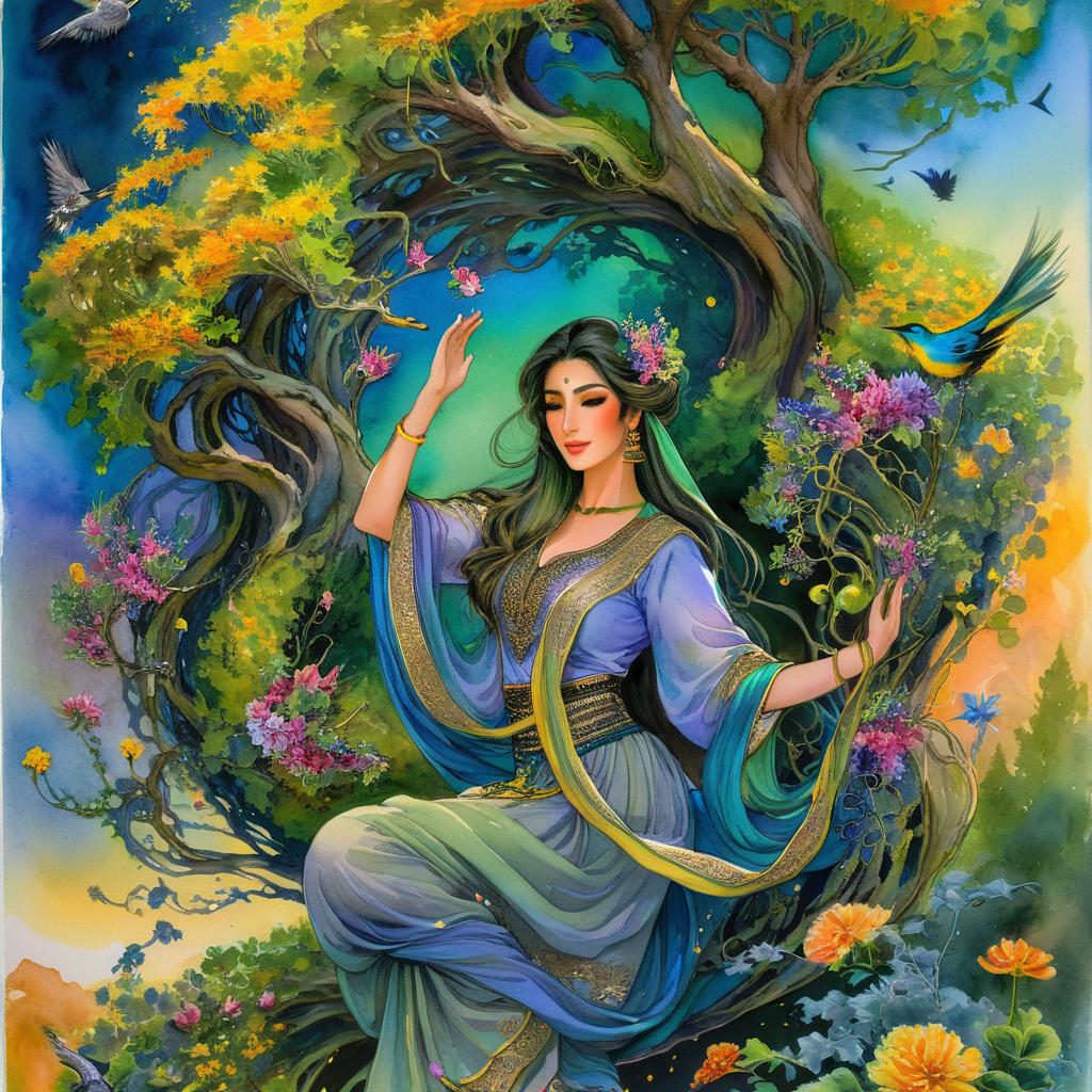 Mystical and spiritual watercolor painting of a beautiful Iranian woman in traditional dress suspended in the air in a swirl of multi-colored flowers, a maze of asymmetrical bonsai trees, a whirlwind of beautiful birds, and a forest of grapevines in a spectrum of green, yellow, and blue