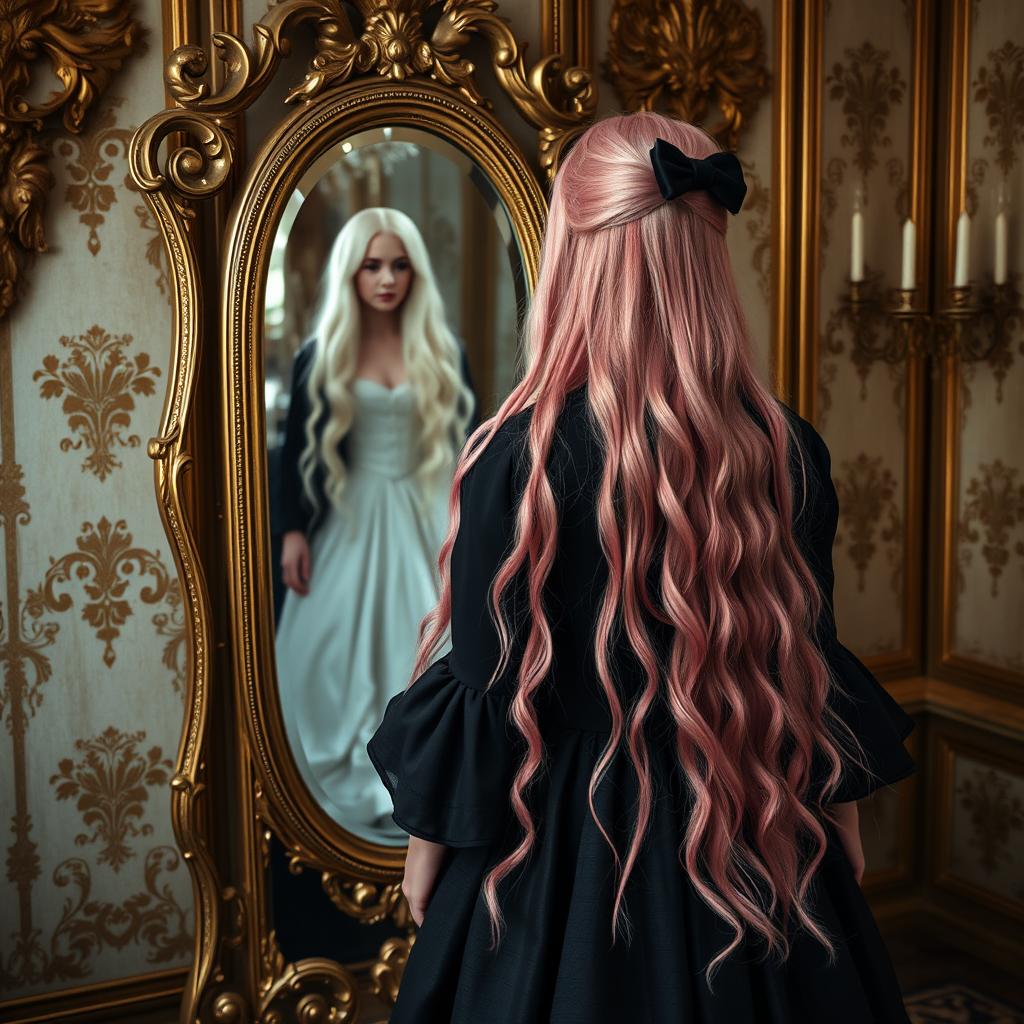 A girl with long pink hair, dressed in an elegant black 18th-century dress, standing in front of a vintage mirror