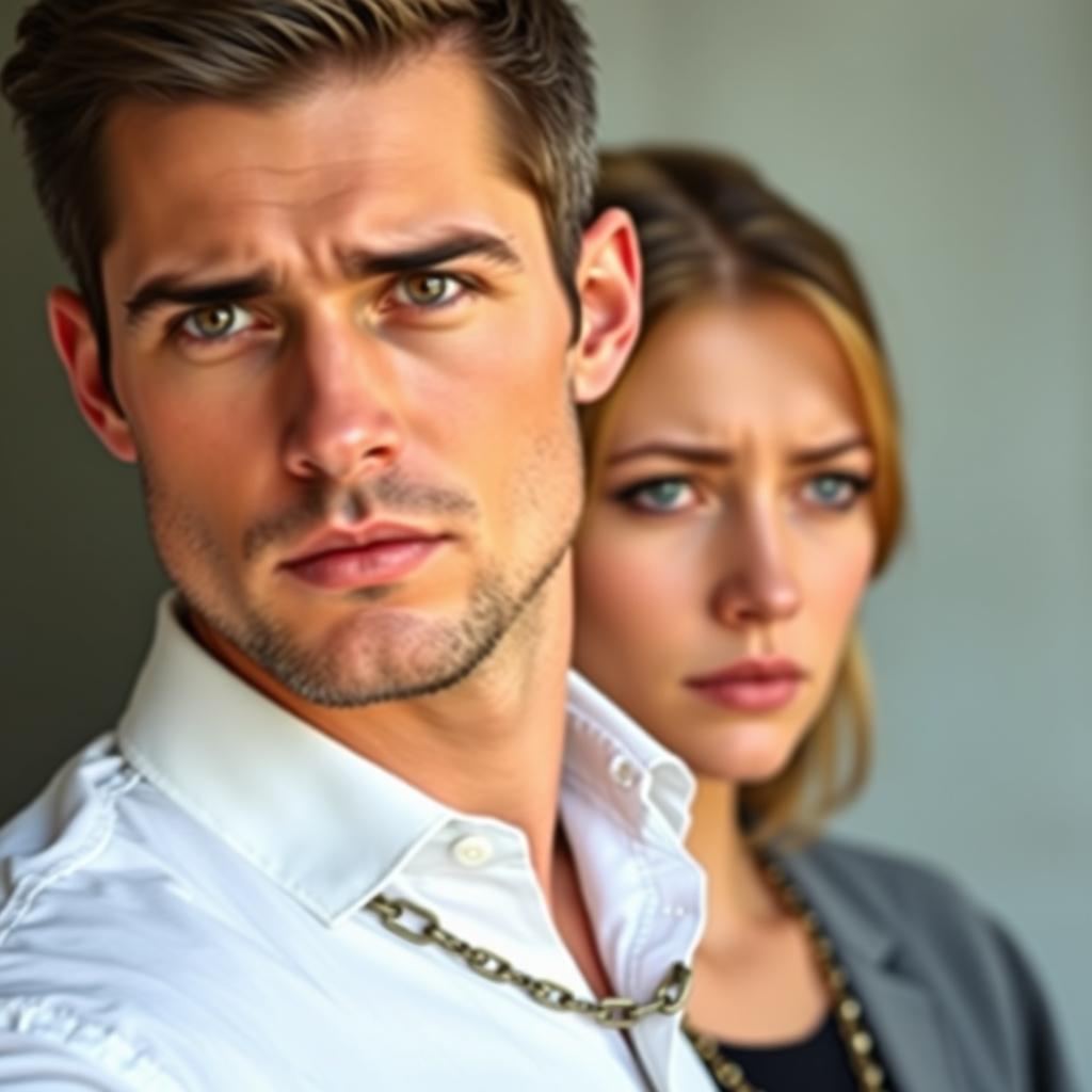 A vertically oriented rectangular image depicting a handsome man with deep, captivating eyes, wearing a crisp white shirt