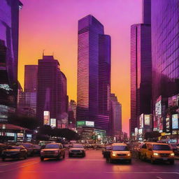 The busy city center pulsates with life during the invigorating sunset. Skyscrapers pierce the vibrant orange and purple sky as people fill the streets, their silhouettes enlivened by the city lights.