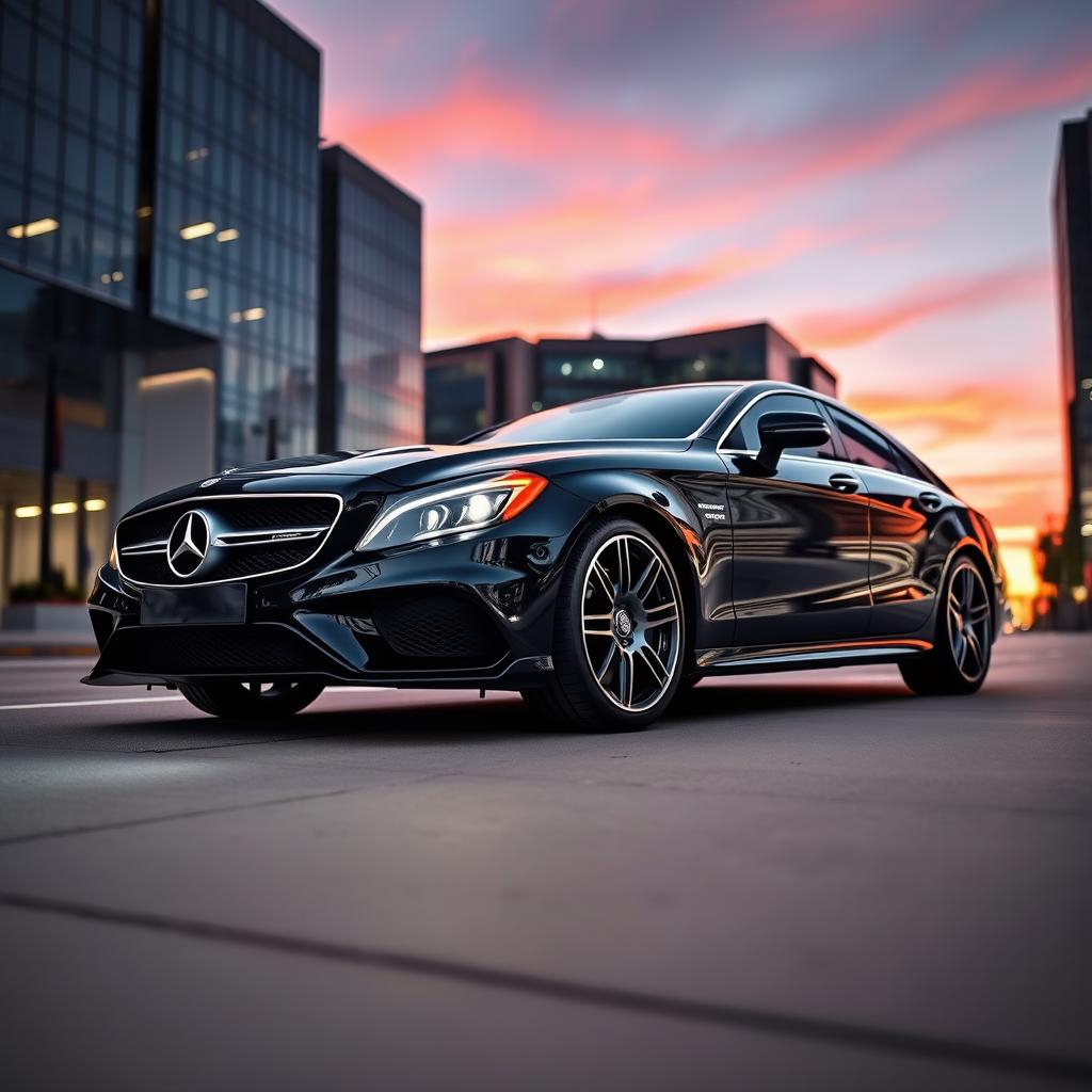A stunning Mercedez Benz CLS63, parked elegantly on a sleek city street at dusk