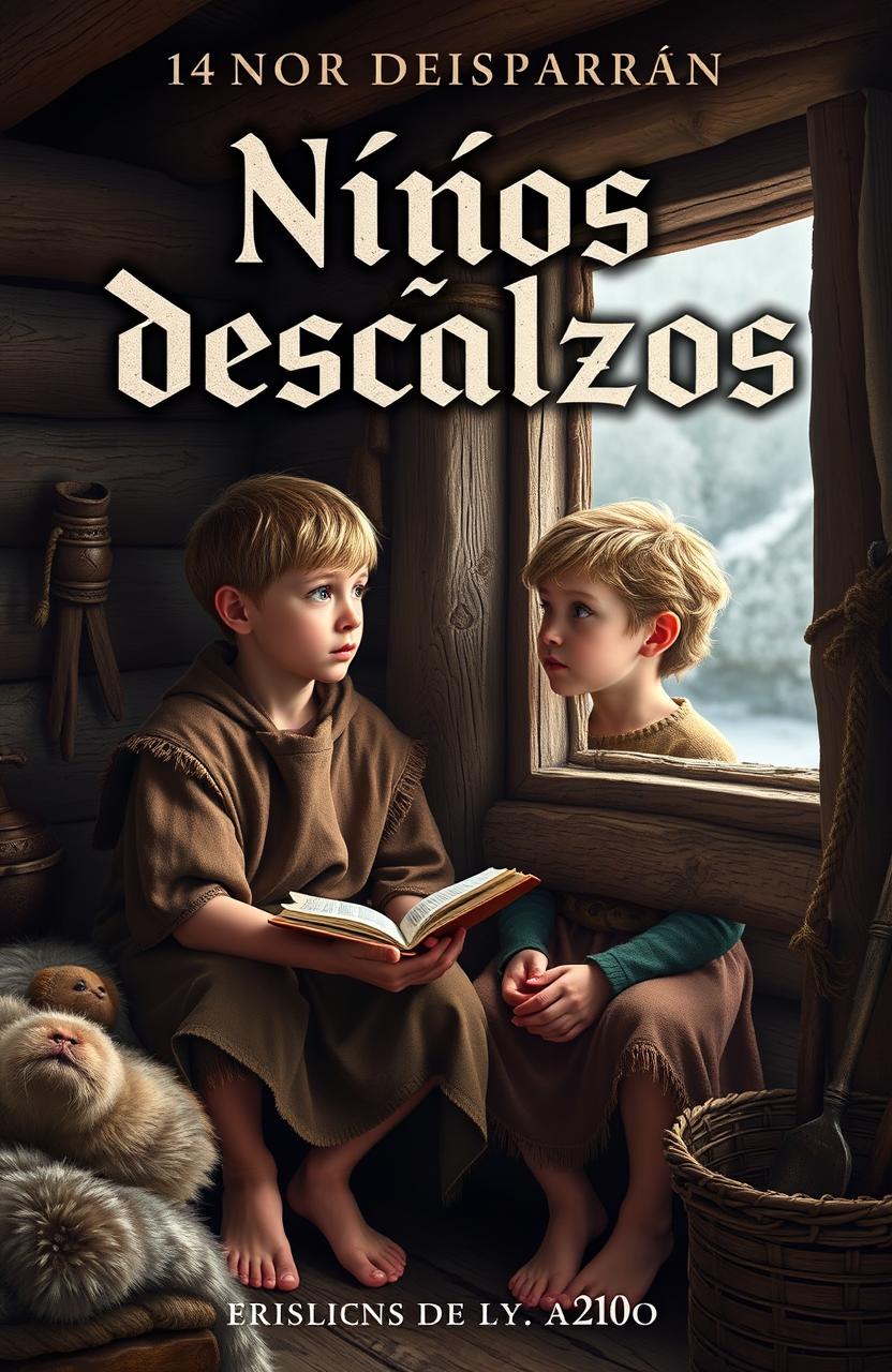 Realistic book cover for 'Niños Descalzos', featuring the title in Spanish using runic or Viking typography