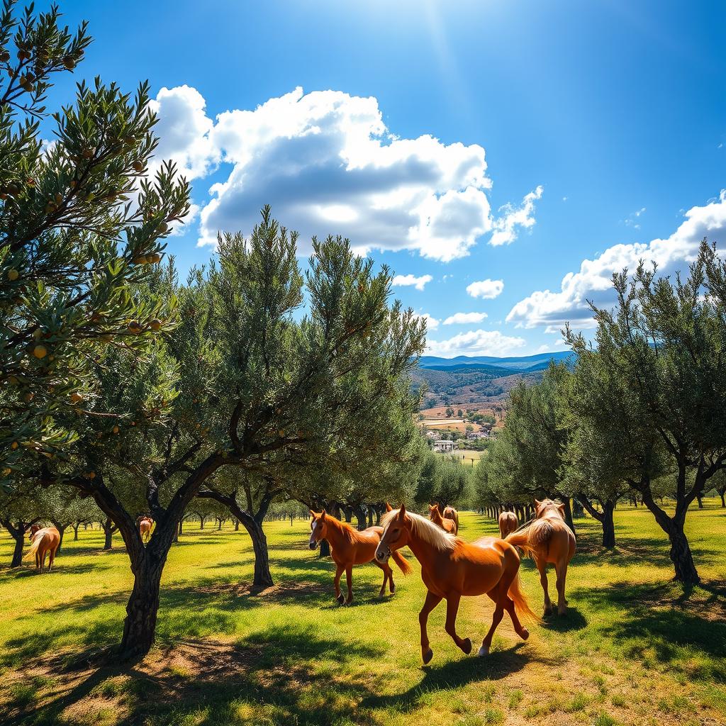 A picturesque landscape of an olive grove with lush green olive trees, their branches heavy with ripe olives