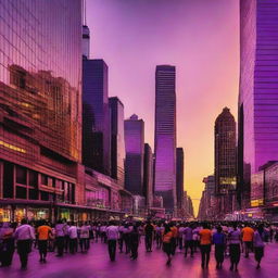 The busy city center pulsates with life during the invigorating sunset. Skyscrapers pierce the vibrant orange and purple sky as people fill the streets, their silhouettes enlivened by the city lights.