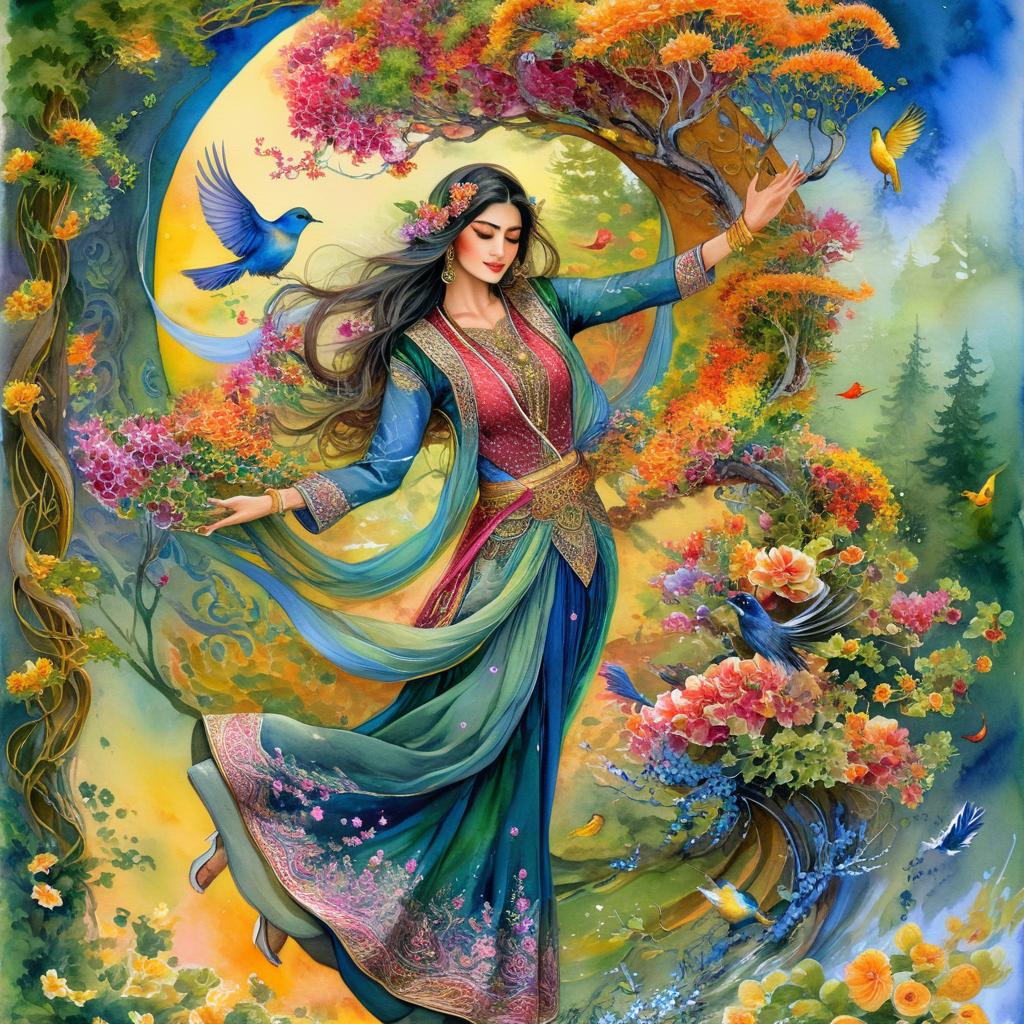 Mystical and spiritual watercolor painting of a beautiful Iranian woman in traditional dress suspended in the air in a swirl of multi-colored flowers, a maze of asymmetrical bonsai trees, a whirlwind of beautiful birds, and a forest of grapevines in a spectrum of green, yellow, and blue