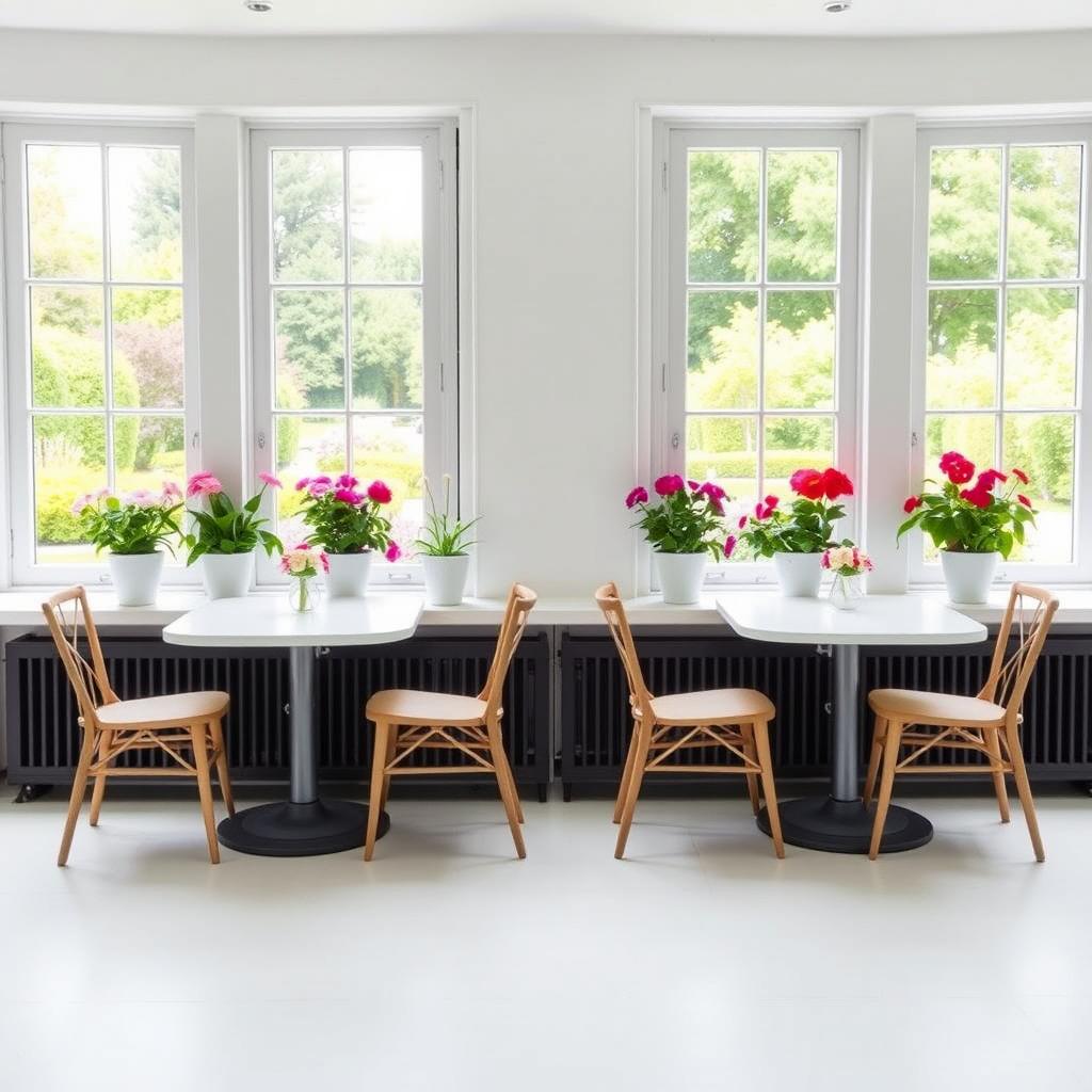 A bright and airy room featuring four elegant white tables arranged neatly with four matching wooden chairs