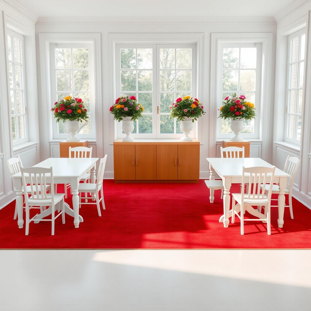 A spacious and elegantly designed room featuring four pristine white wooden tables, each accompanied by four matching white wooden chairs
