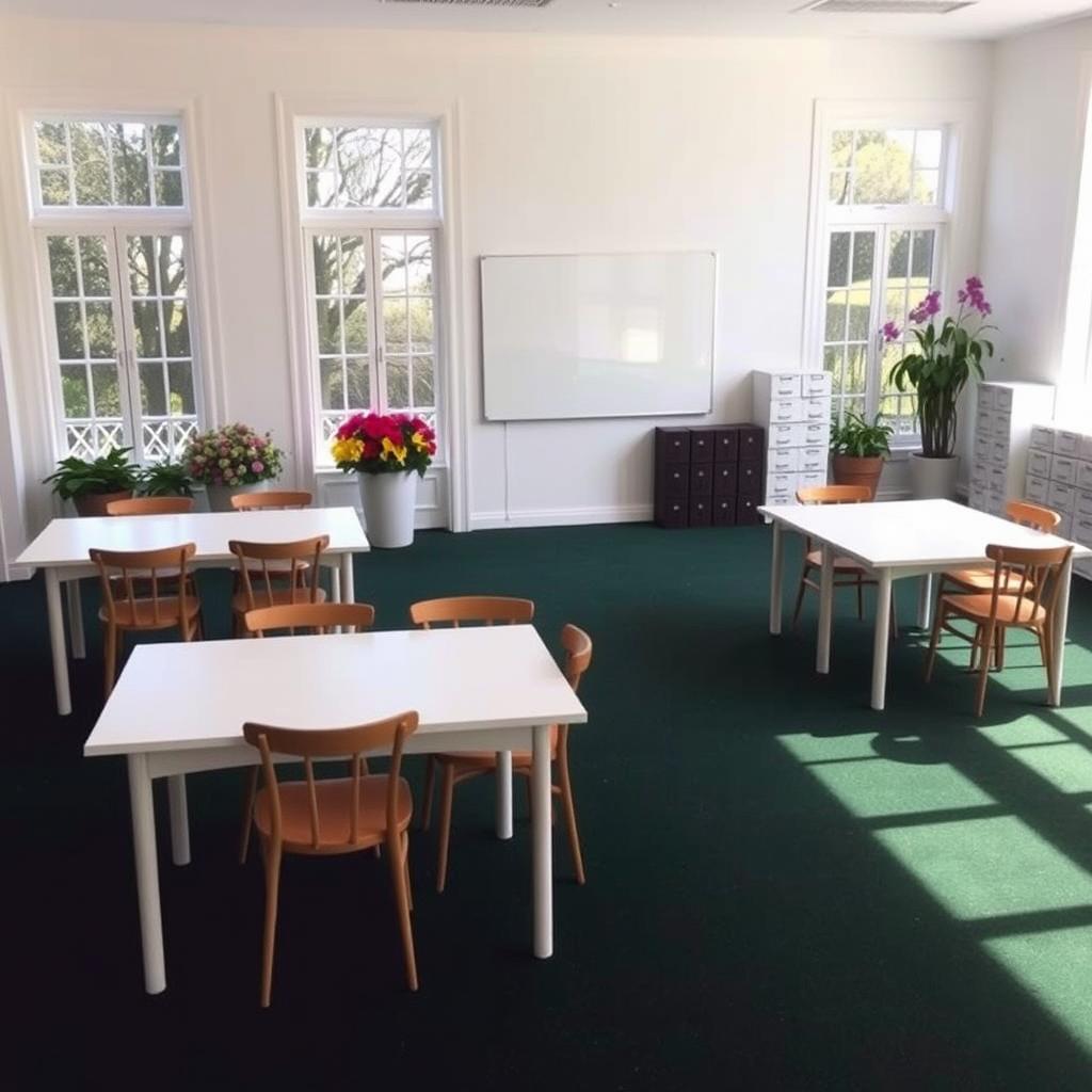 A spacious room featuring 4 white tables, each surrounded by 4 wooden chairs