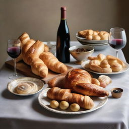 An elegant dining table scattered with French cuisine delicacies. Baguettes, croissants, escargot, and coq au vin richly adorned, paired with a bottle of vintage wine.