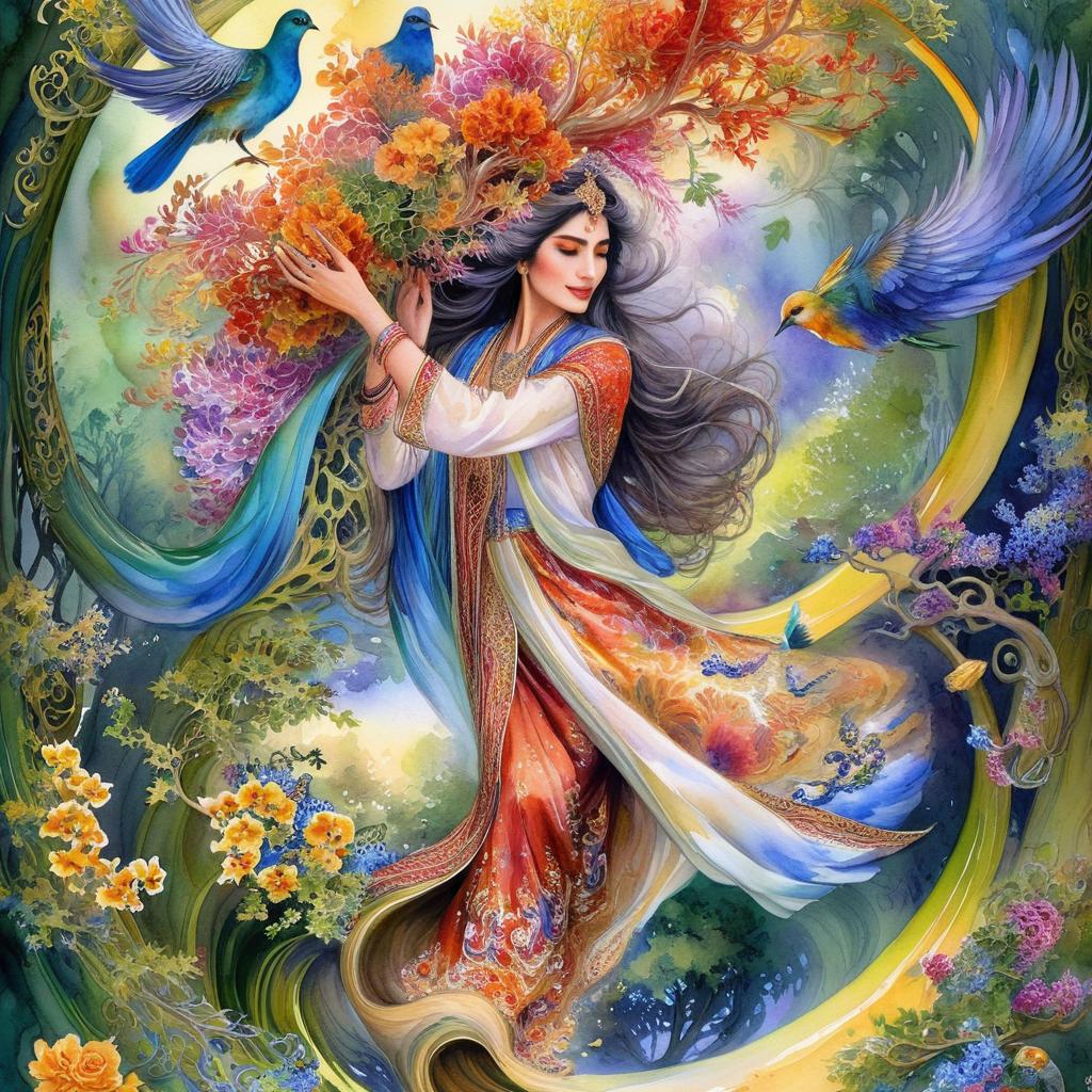 Mystical and spiritual watercolor painting of a beautiful Iranian woman in traditional dress suspended in the air in a swirl of multi-colored flowers, a maze of asymmetrical bonsai trees, a whirlwind of beautiful birds, and a forest of grapevines in a spectrum of green, yellow, and blue