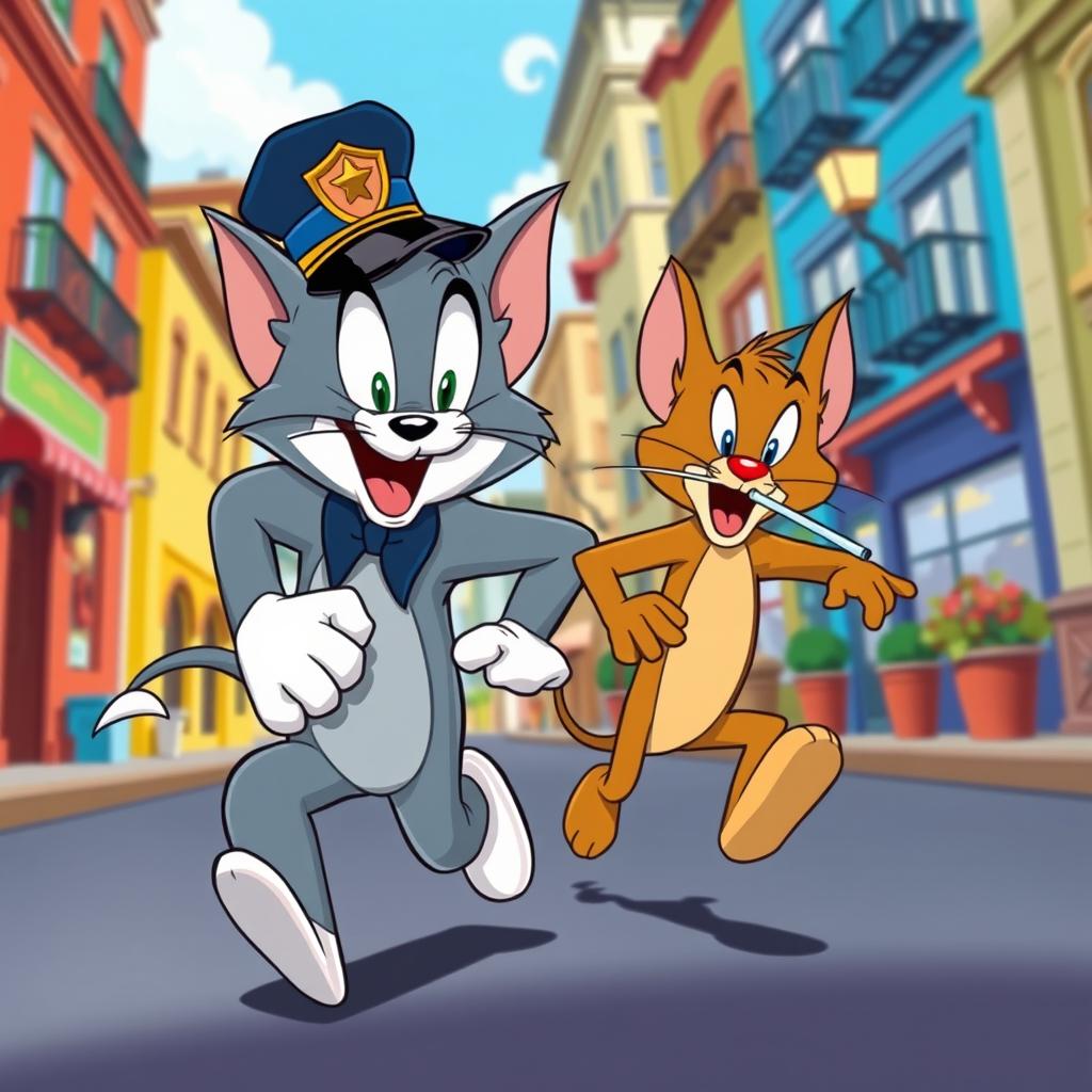 In a vibrant cartoon style reminiscent of classic animation, a scene featuring Tom from Tom and Jerry dressed as a police officer, complete with a classic police hat and uniform, is comically chasing Jerry, who is humorously smoking a joint