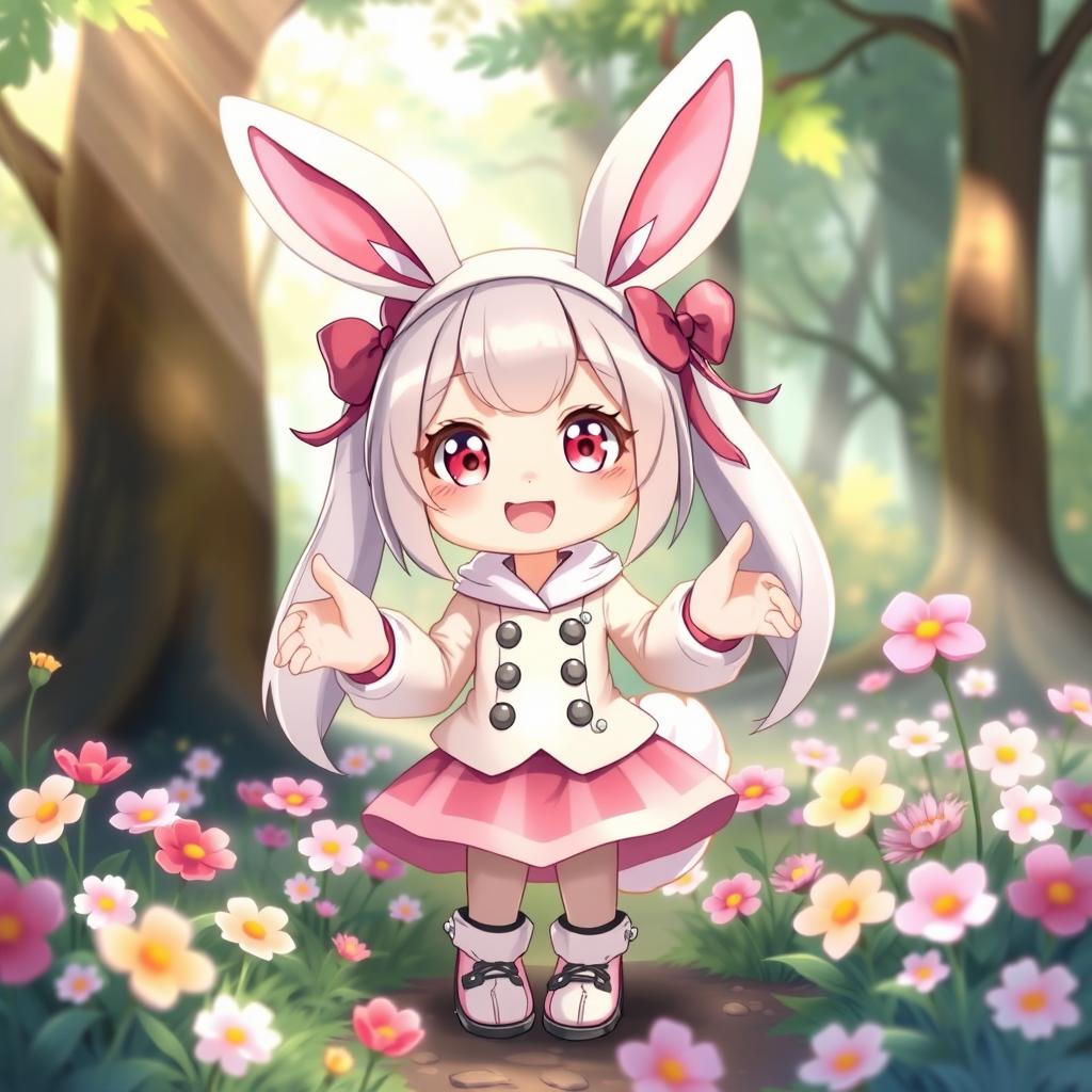 A playful and charming bunny girl, featuring long, fluffy bunny ears and a cute tail, dressed in a stylish and playful outfit that blends elements of a traditional bunny costume with modern fashion