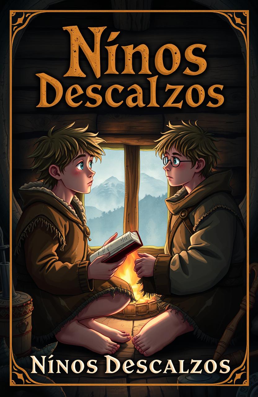 Realistic book cover for 'Niños Descalzos' featuring the title in Spanish with runic or Viking typography
