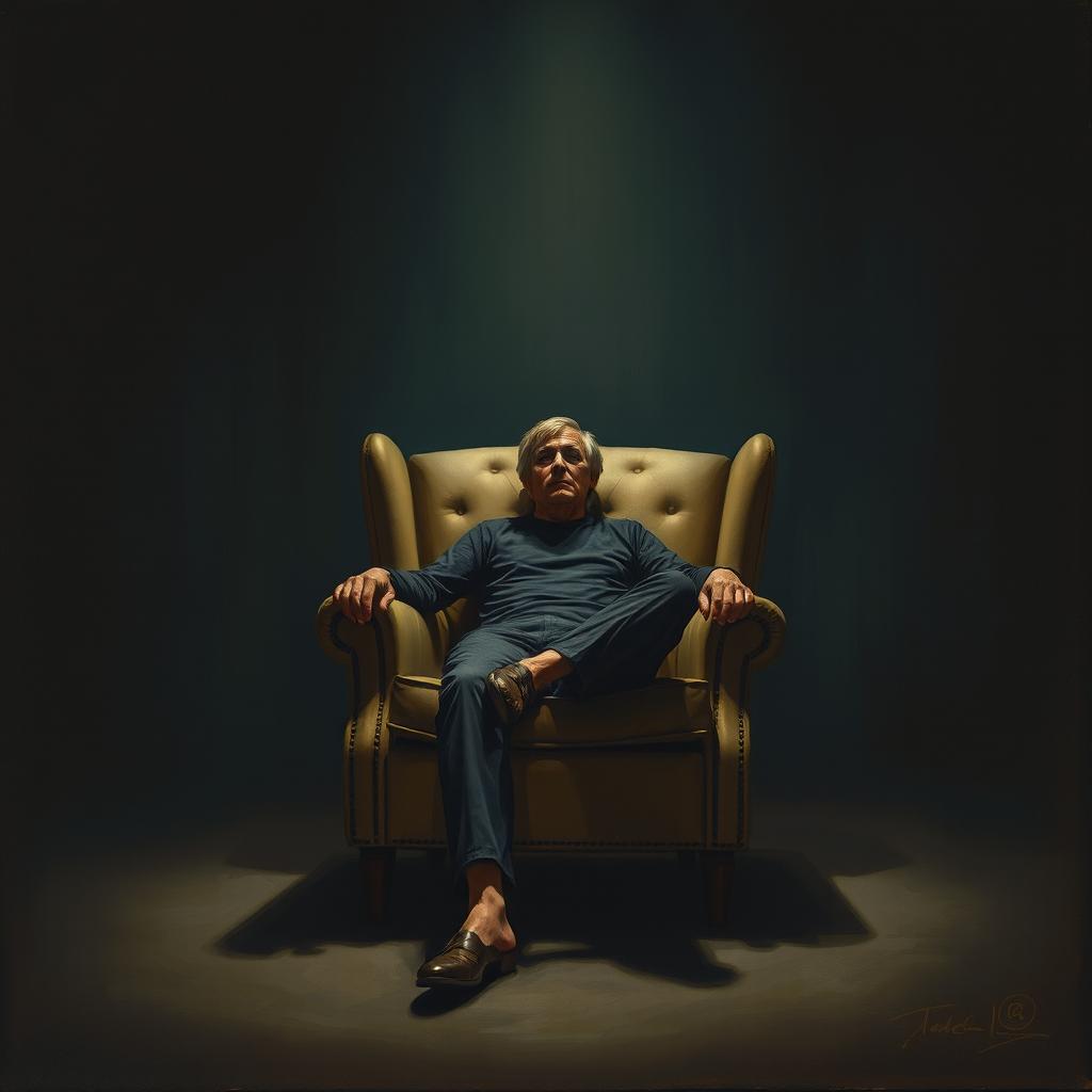 A single person seated comfortably on a large chair in a dark, atmospheric room