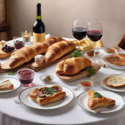 An elegant dining table scattered with French cuisine delicacies. Baguettes, croissants, escargot, and coq au vin richly adorned, paired with a bottle of vintage wine.