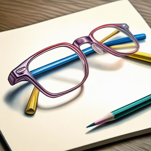 A high-quality coloured pencil drawing of designer glasses